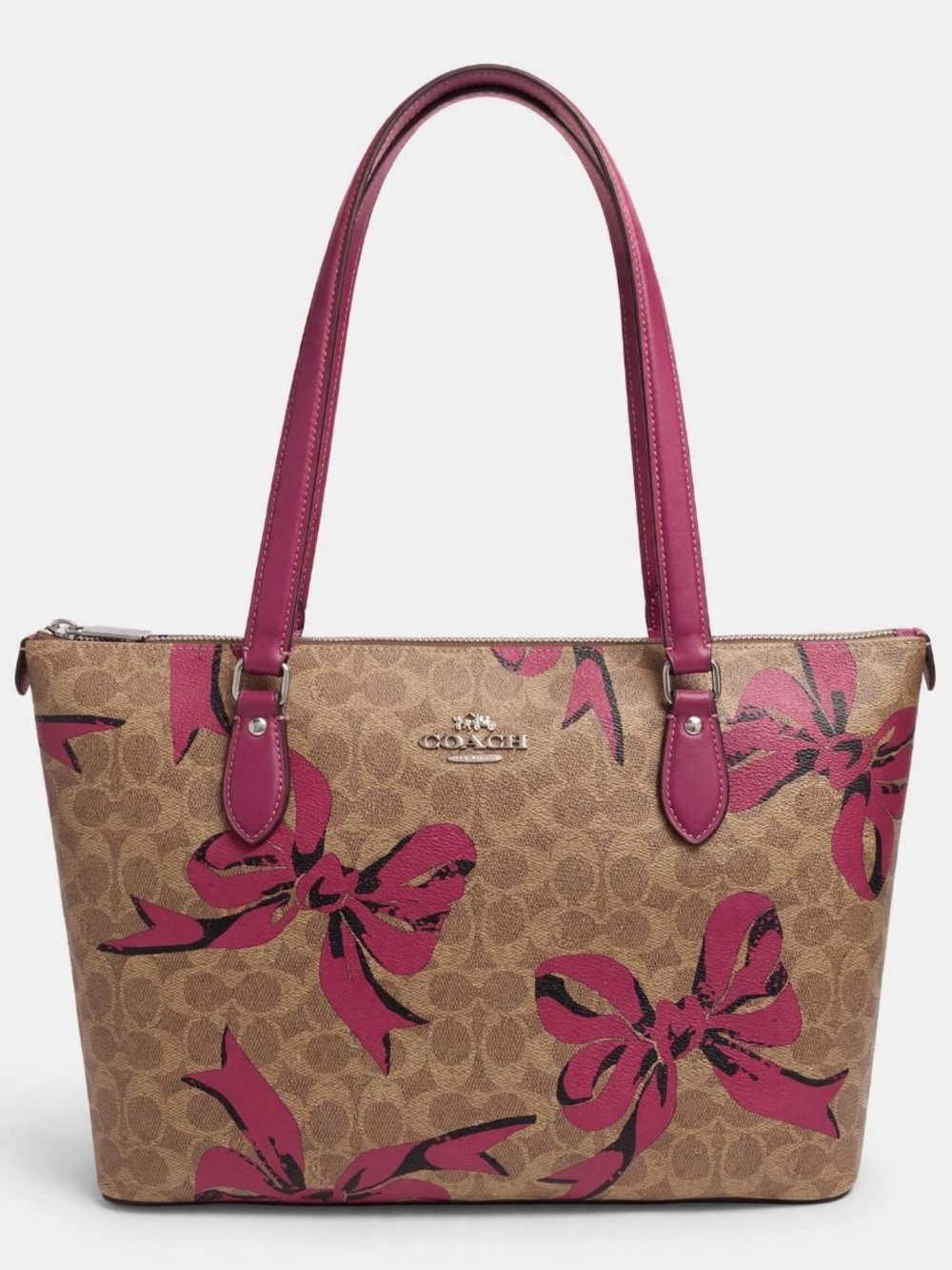 Coach Tan Signature Tote with Pink Floral Bows